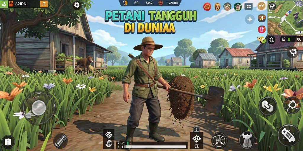 Tampilan gameplay 62IDN menampilkan pertanian yang hijau dan subur.