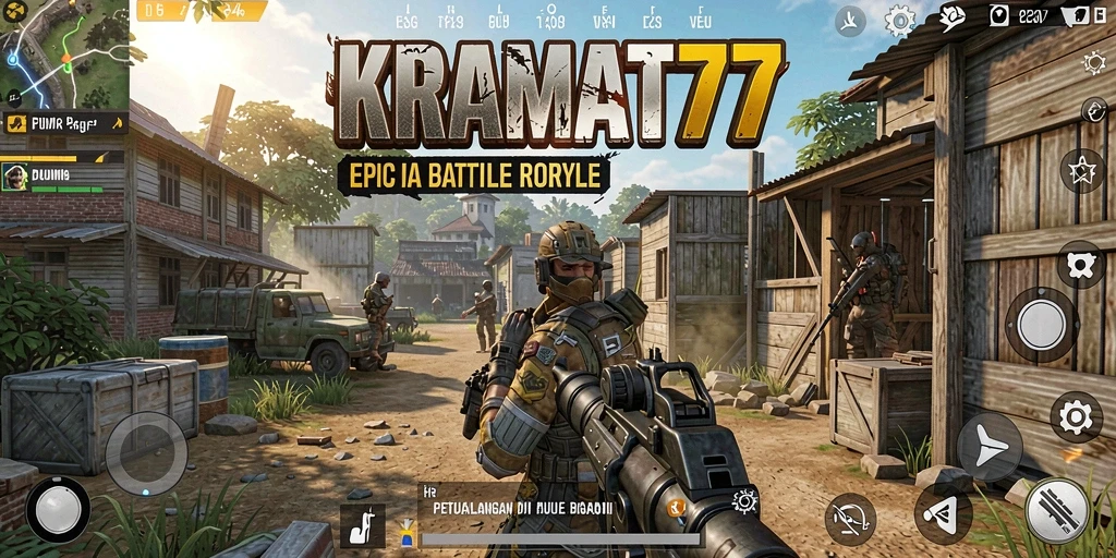 Screenshot utama KRAMAT77 menampilkan aksi seru dalam pertarungan Battle Royale.