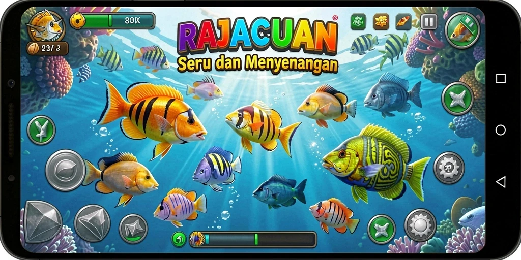 Screenshot menunjukkan aksi seru dalam game Tembak Ikan RAJACUAN.
