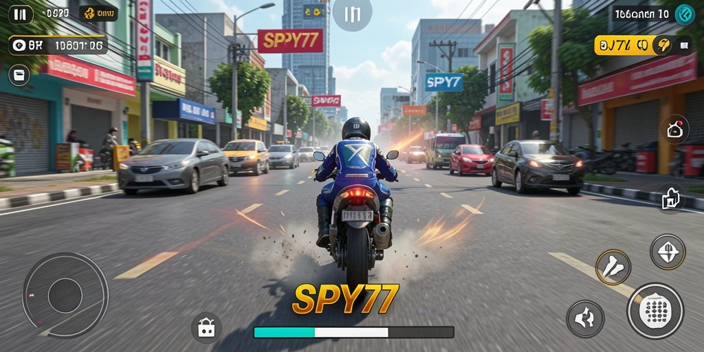 Tampilan gameplay balapan motor SPY77 yang intens dan penuh aksi.